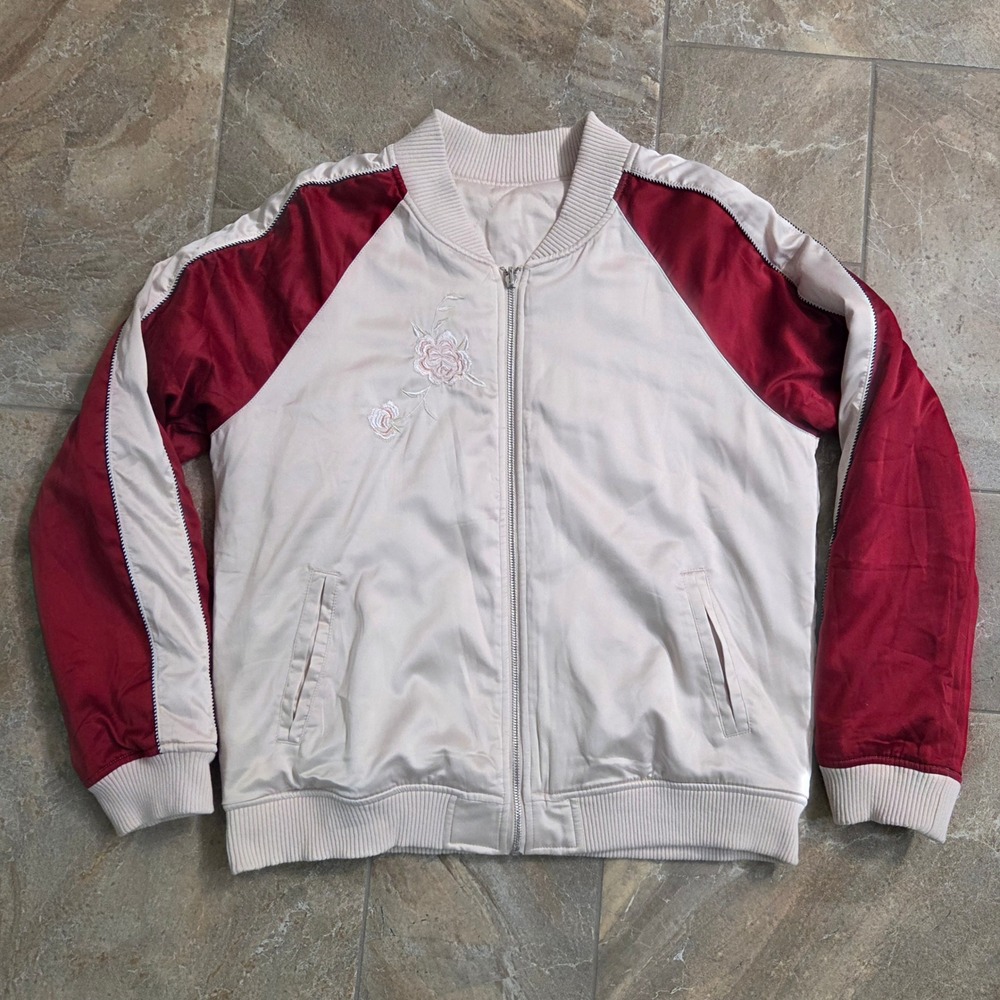 Reversible Floral Embroidered Quilted Bomber Jacket Cream Burgundy Peach Boho M